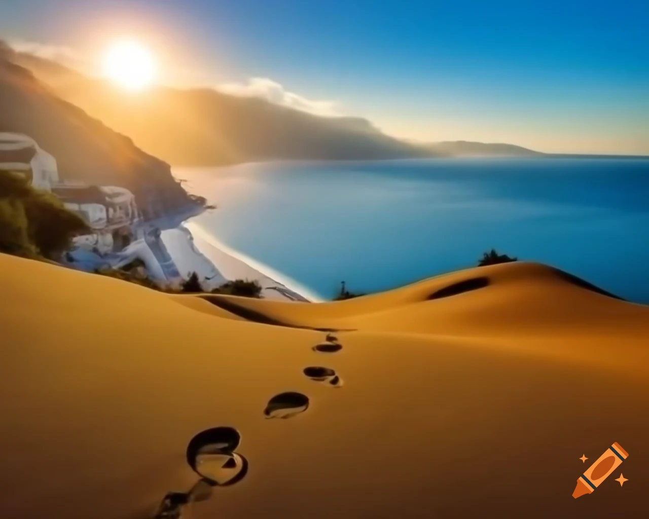 Footprints on golden sand leading to an Italian coastal town