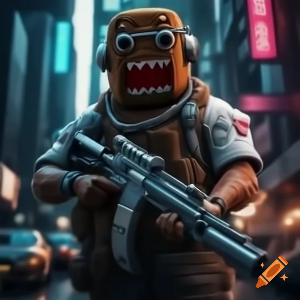 Muscular Domo-kun as cyberpunk soldier in futuristic city with rifle