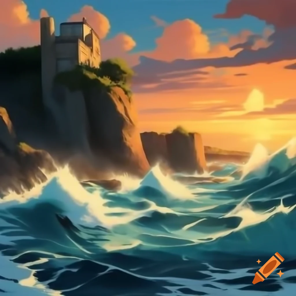 Waves crashing against cliffside at sunset with starry sky