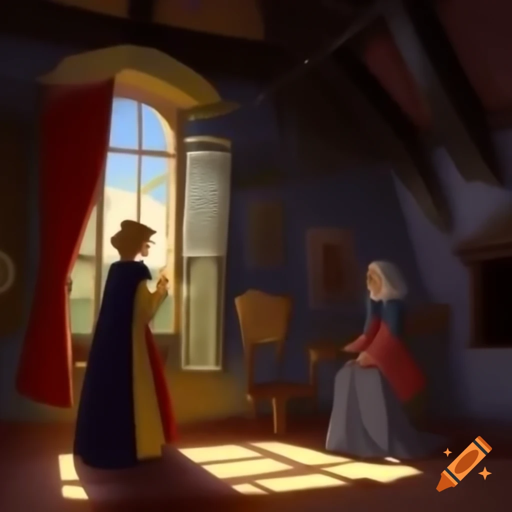 Medieval room with women performing duties illuminated by sunlight, reminiscent of renaissance art