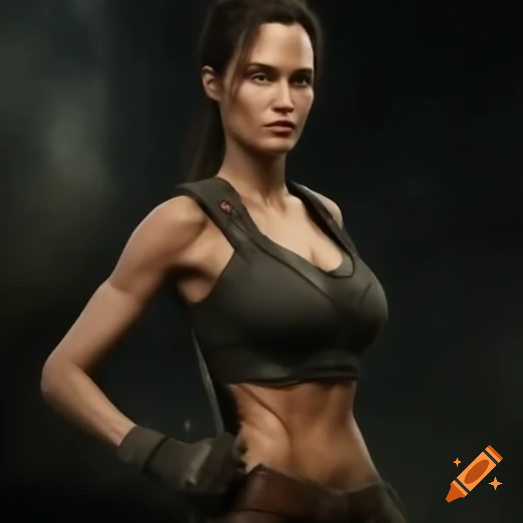Portrait of Angelina Jolie as Lara Croft showcasing athletic physique