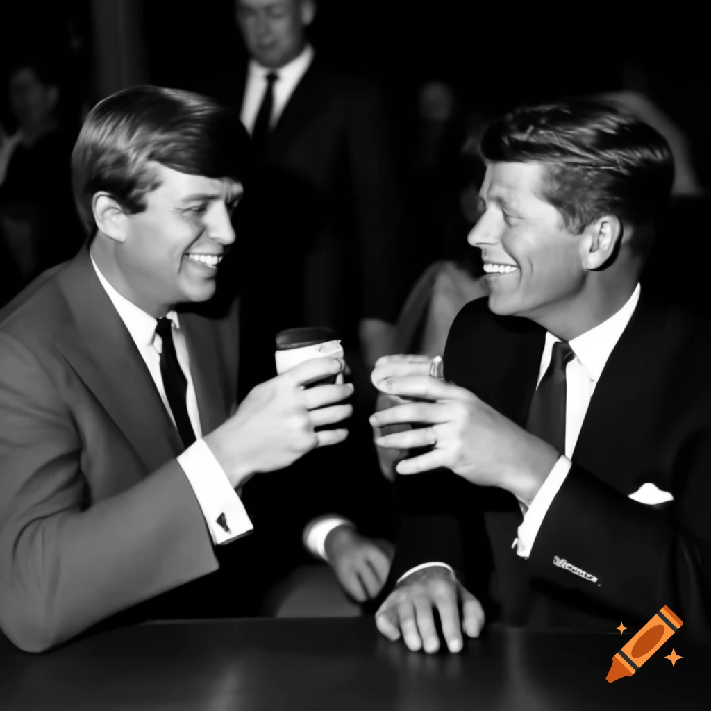 Historical scene of JFK and Lee Harvey Oswald in Dallas, sharing a beer