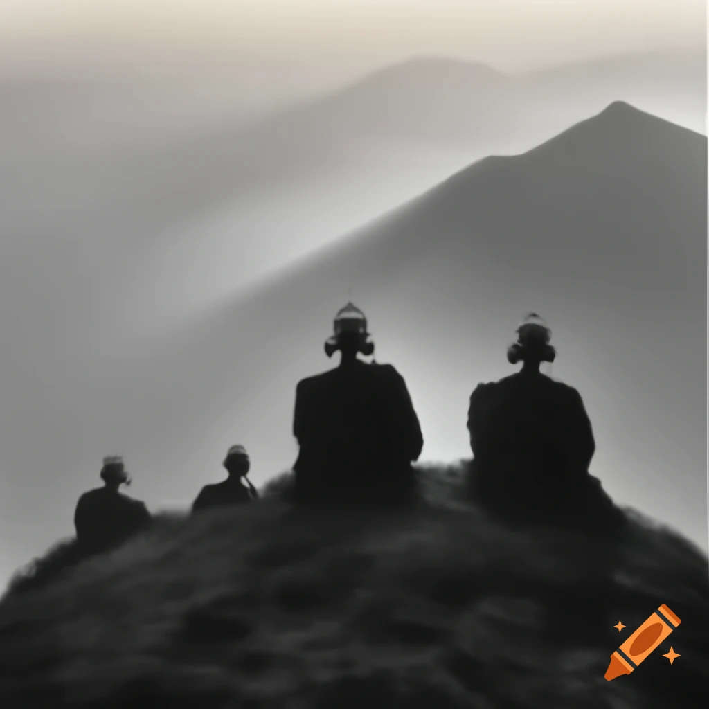 Group of monks atop mountain peak listening to music with headphones