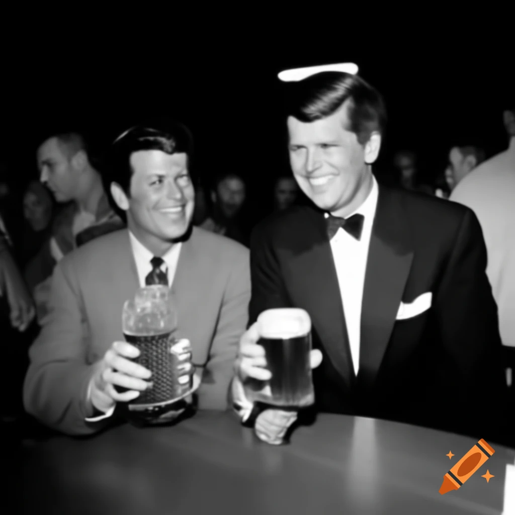 Historical scene of JFK and Lee Harvey Oswald in Dallas, sharing a beer