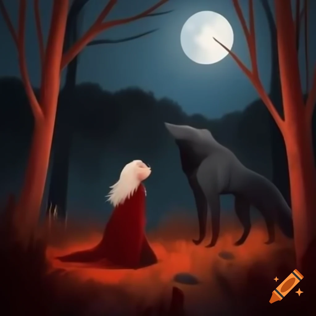 Cloaked woman howling at full moon in autumn forest clearing