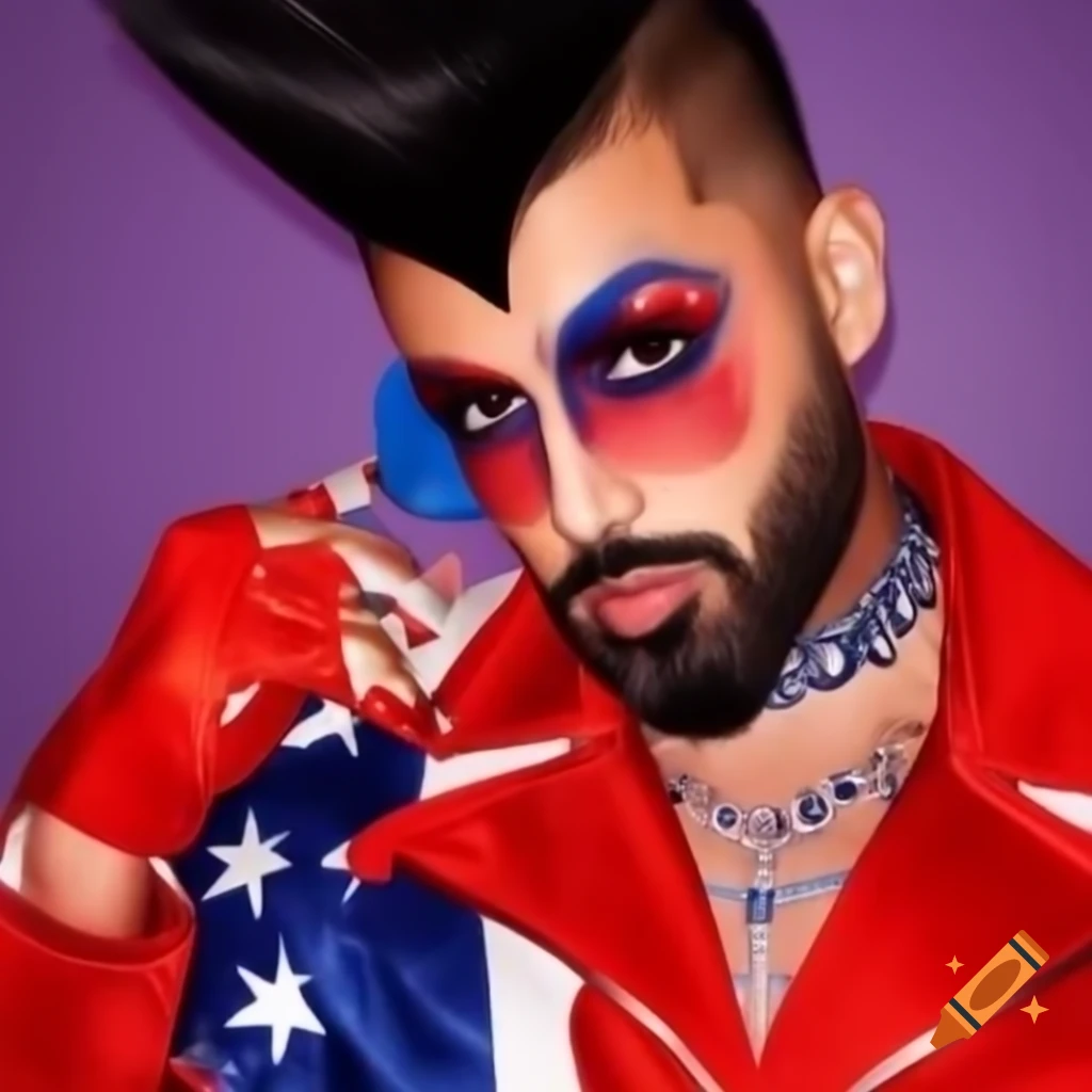 Drag queen Rocky Stubble in American flag suit with mohawk and beard