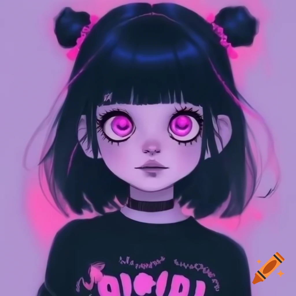 Line drawing portrait of cute goth girl in anime style