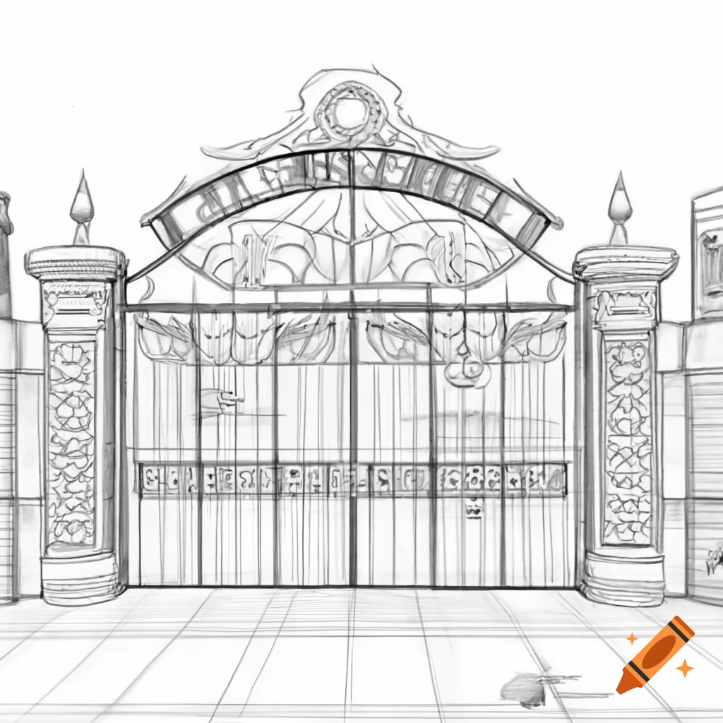 Intricate ink drawing of grill school gate with "vidya peetam" arch, classic comic book style