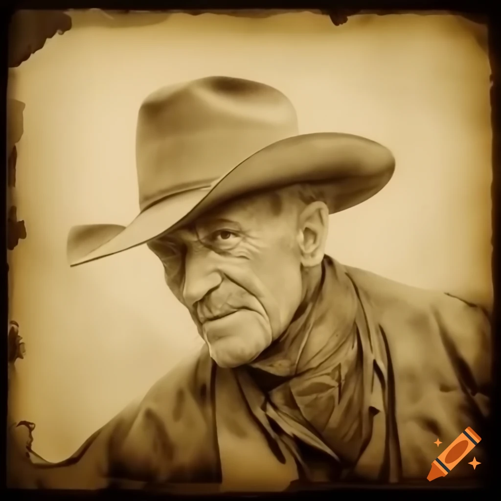 Sepia-toned drawing of half-man half-machine from farm equipment