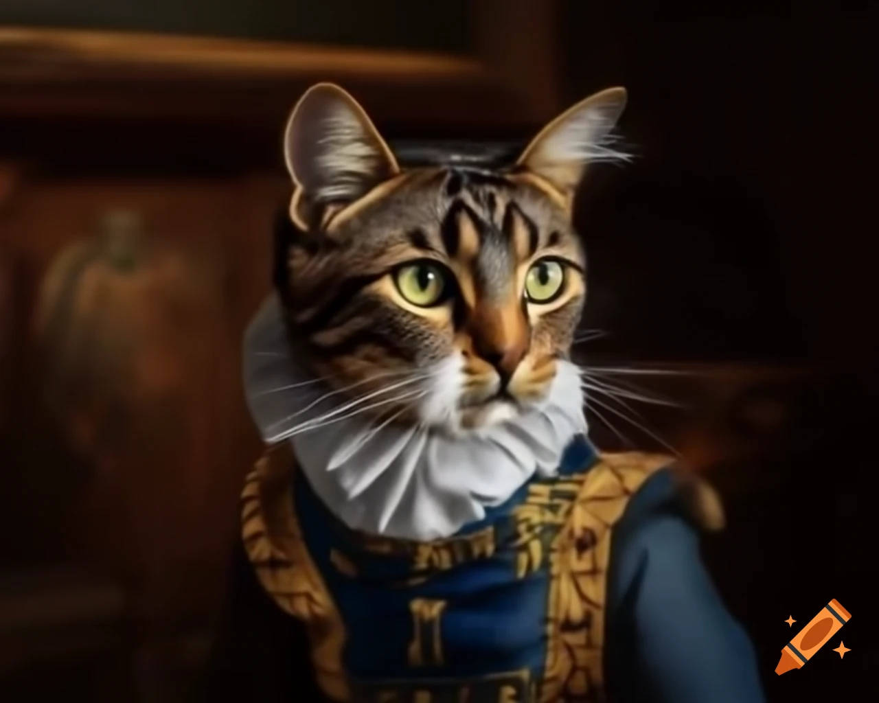 Feline with ruff and breeches in Tudor England shadows