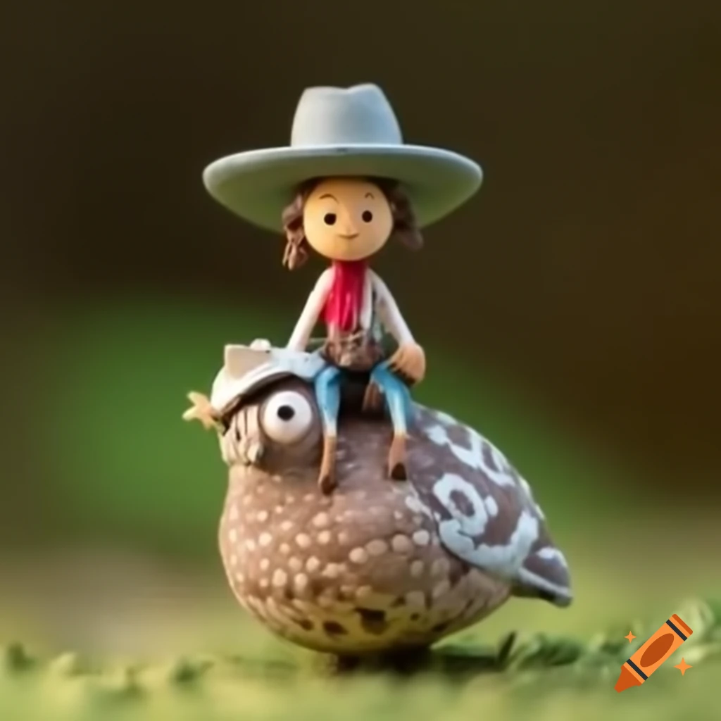 Miniature cowboy with hat riding a whimsical quail