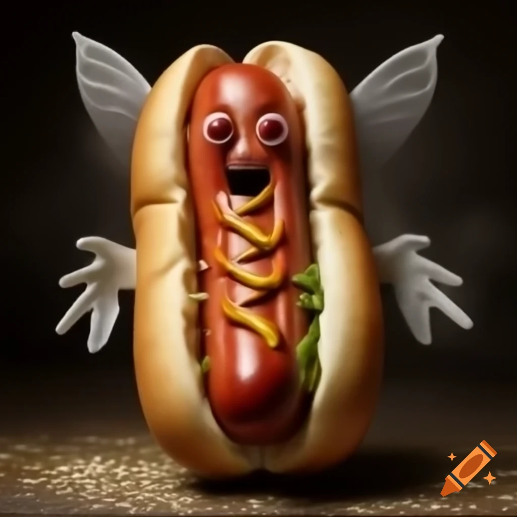 Cute hot dog character with eyes, wings, and cat ears