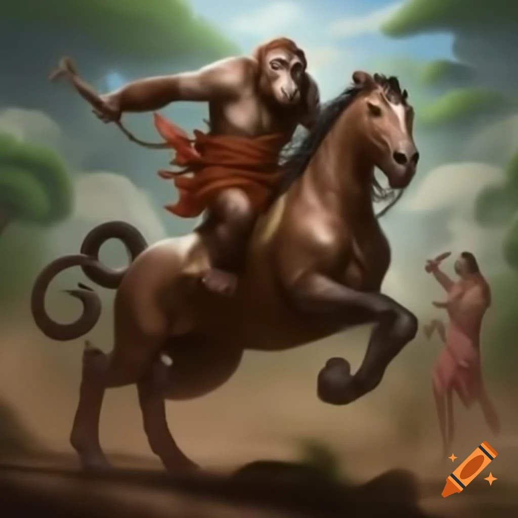 Monkey on horseback battling Zeus in Korea, Sam Keith art style