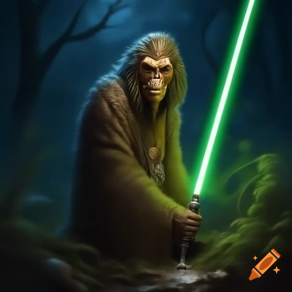 Bigfoot in brown robes raising glowing green lightsaber in spooky moonlit forest