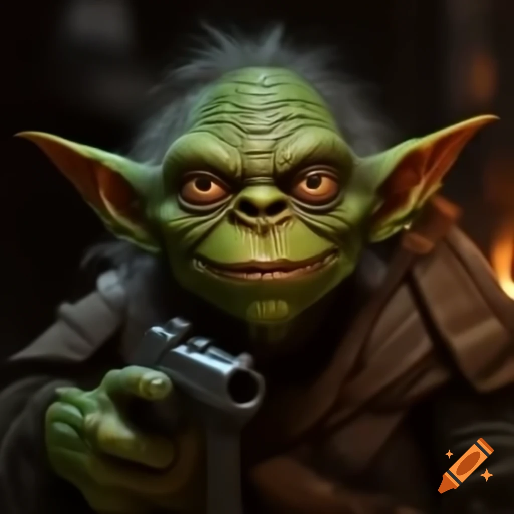 Mischievous goblin with wicked eyes peering from behind makeshift gun