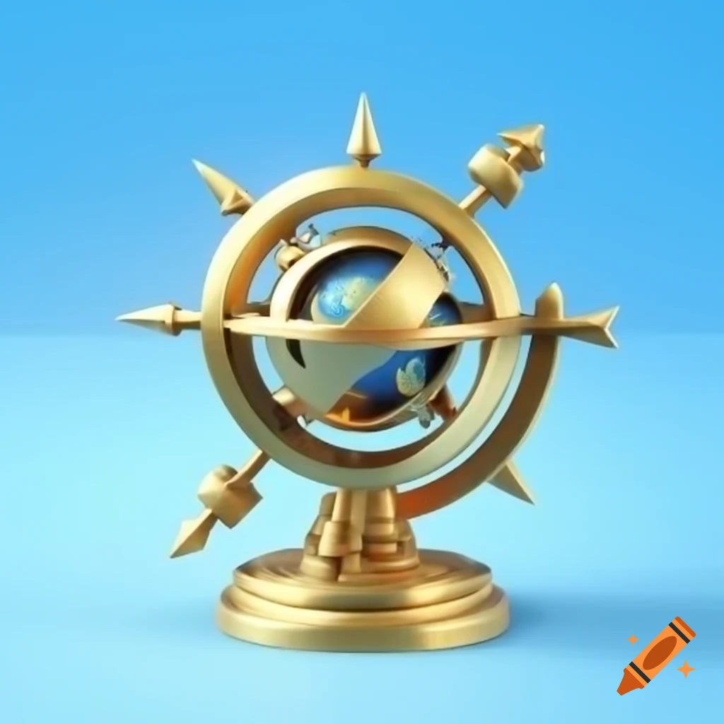 Brass magical compass designed like a celestial globe on light blue background