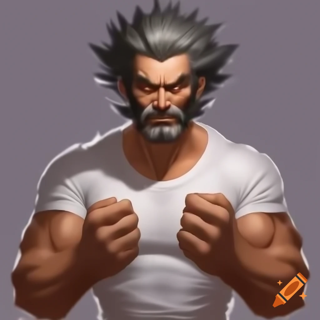 Anime character with grey spiky hair and muscular build, wearing white t-shirt and claws