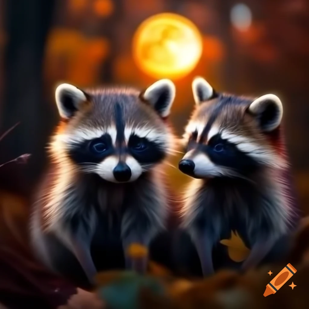 Two raccoons cuddling under orange harvest moon on autumn night