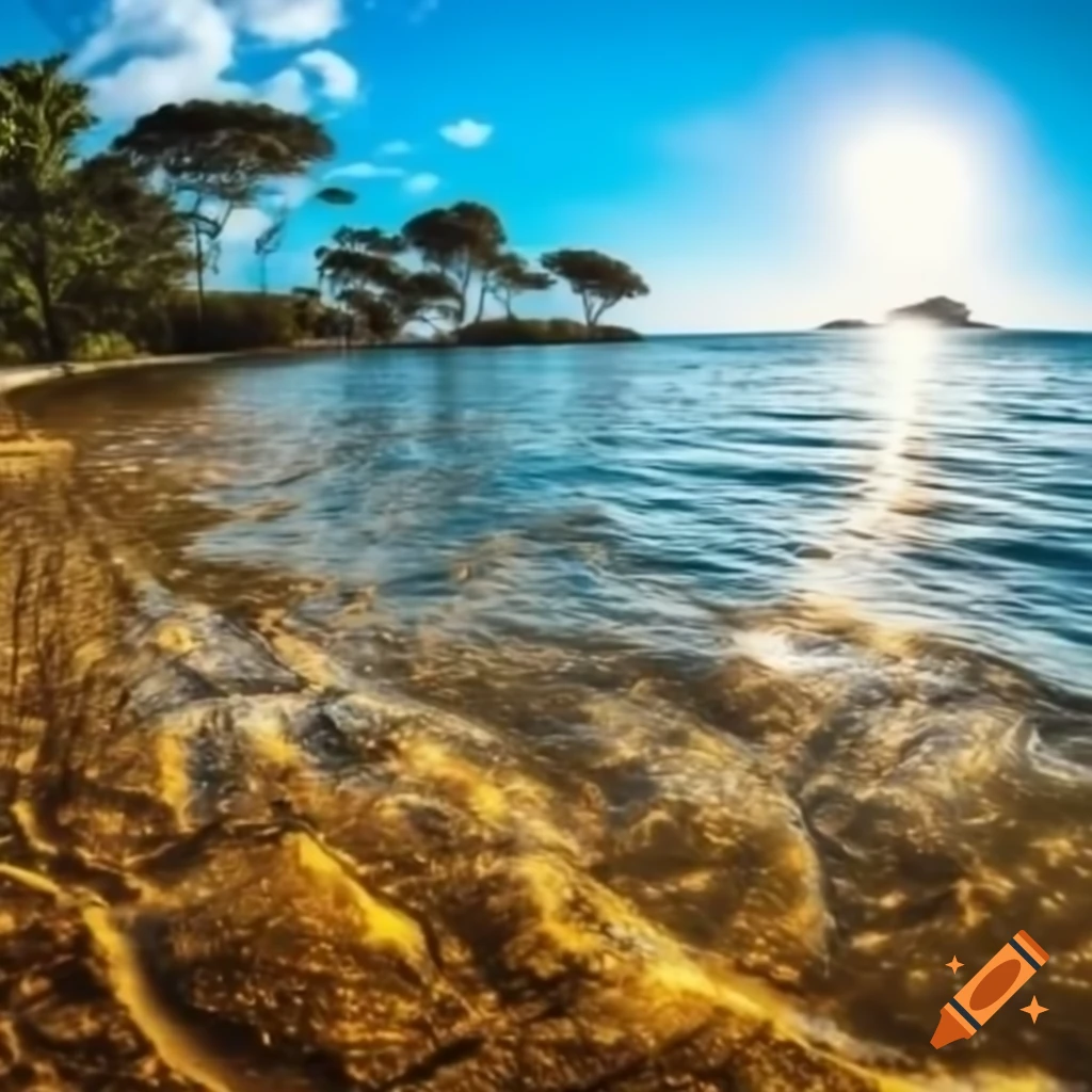 Golden sea with trees on a sunny day