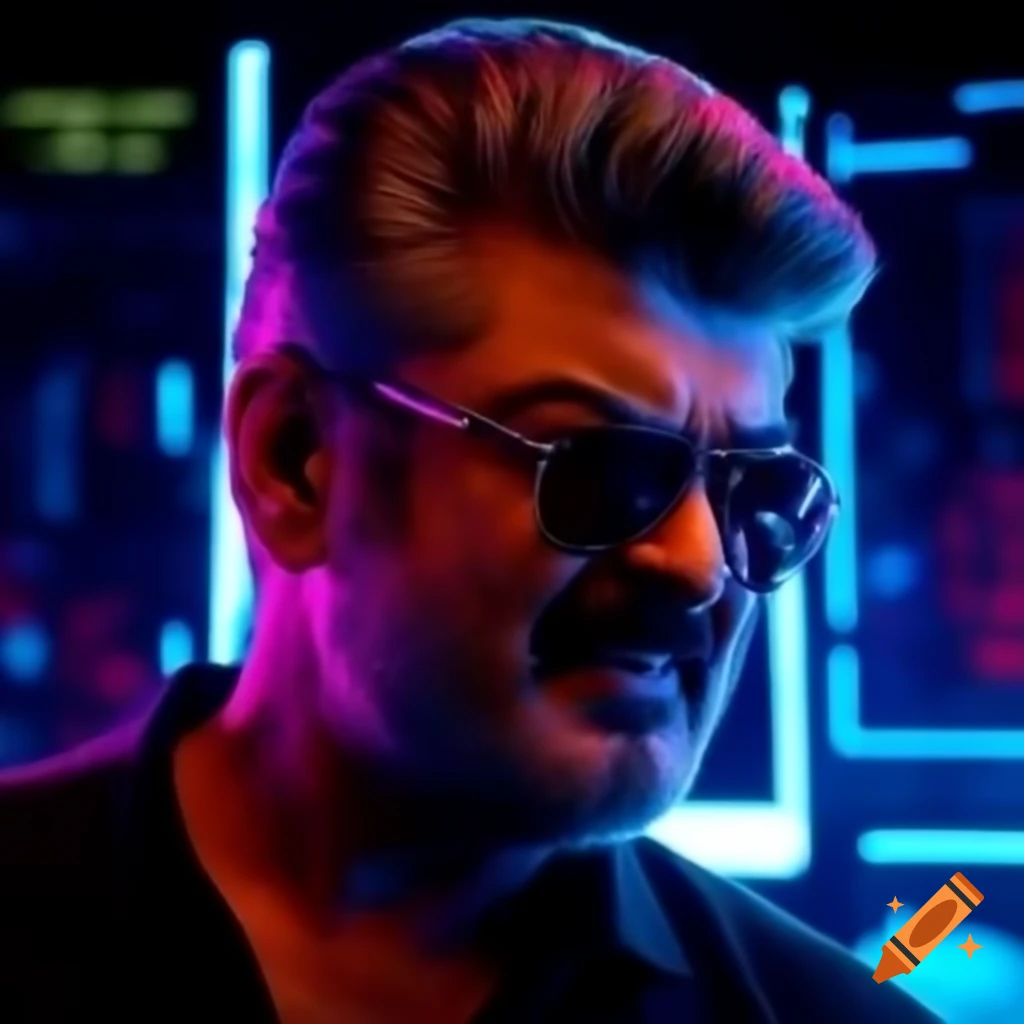 Tamil actor Ajith Kumar with neon background