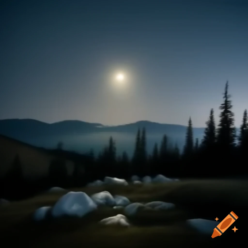 Moonlit clearing with ancient pines silhouetting distant mountains