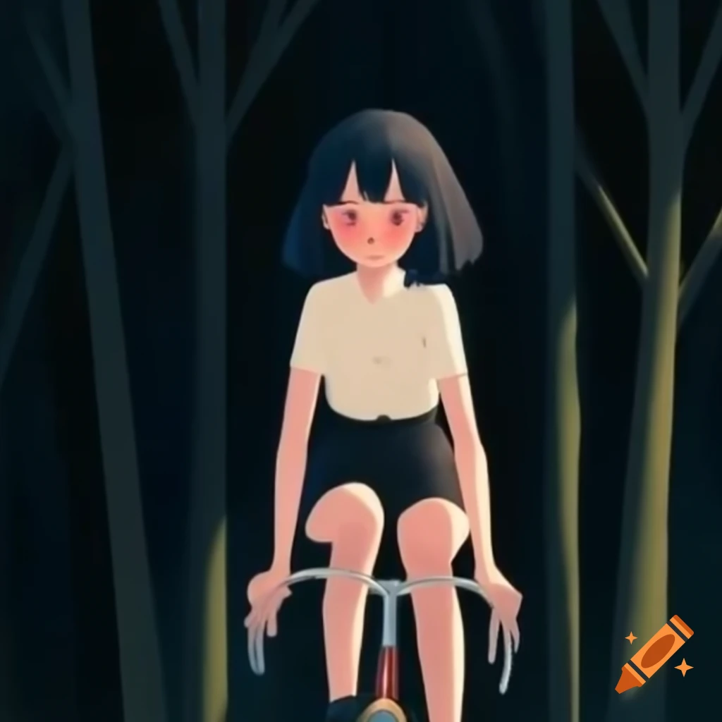 Young woman with short black hair riding a bicycle through a dark forest