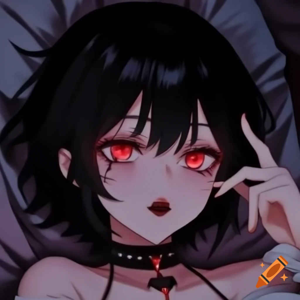 Anime vampire woman with short black hair and red eyes making a peace sign