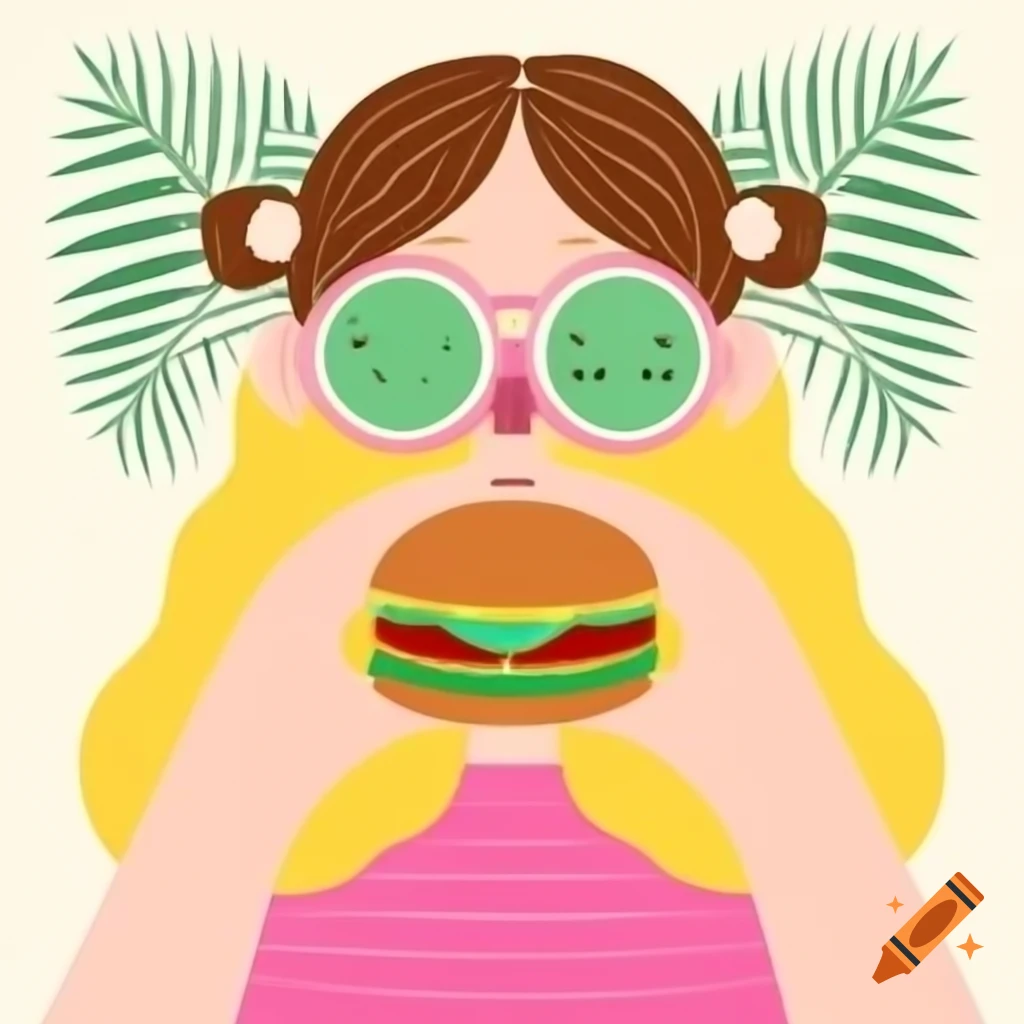 Vector image of girl holding a burger with coconut trees in colorful background