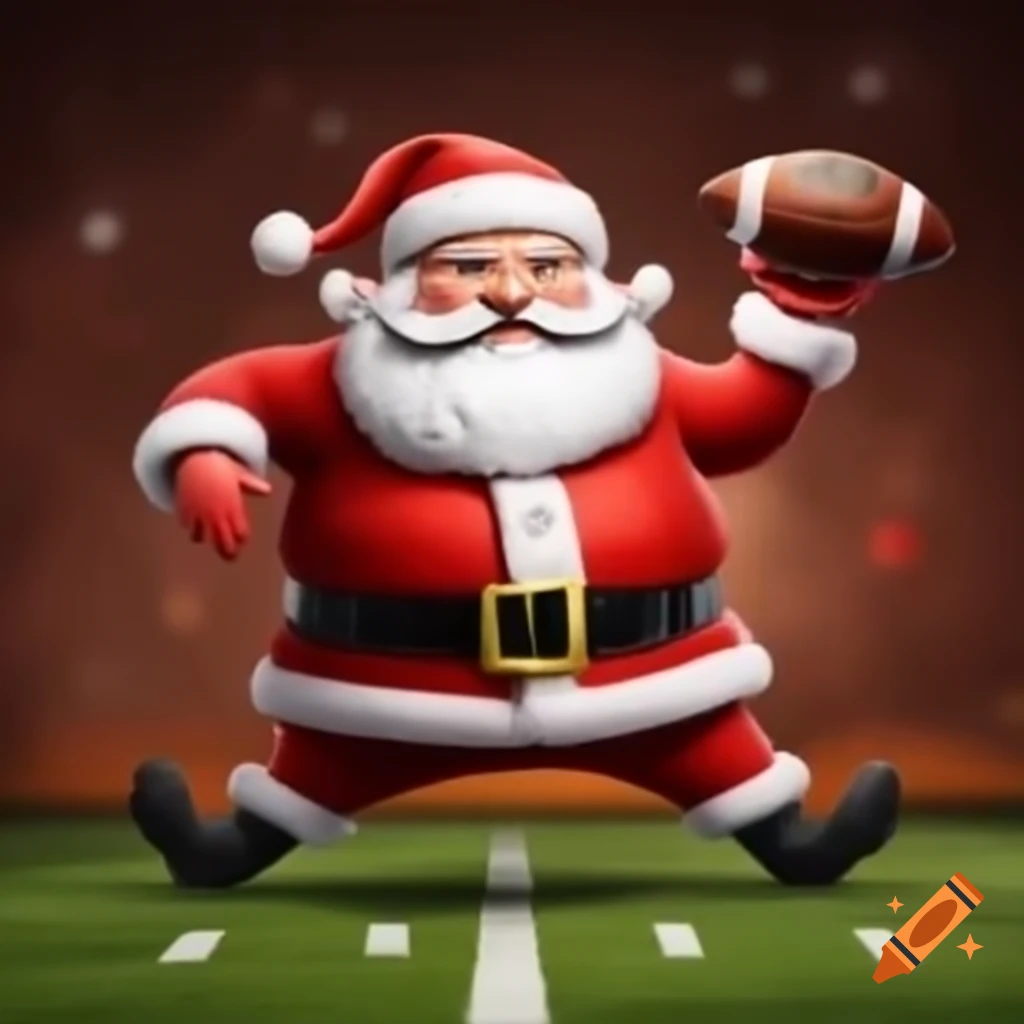 Santa Claus playing football in a festive setting