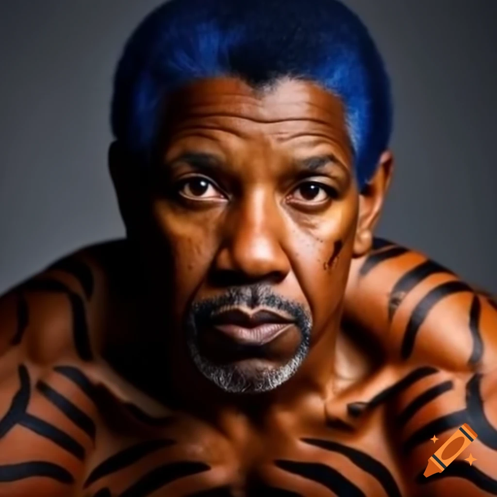 Muscular figure with tiger-style makeup featuring blue hair and orange skin
