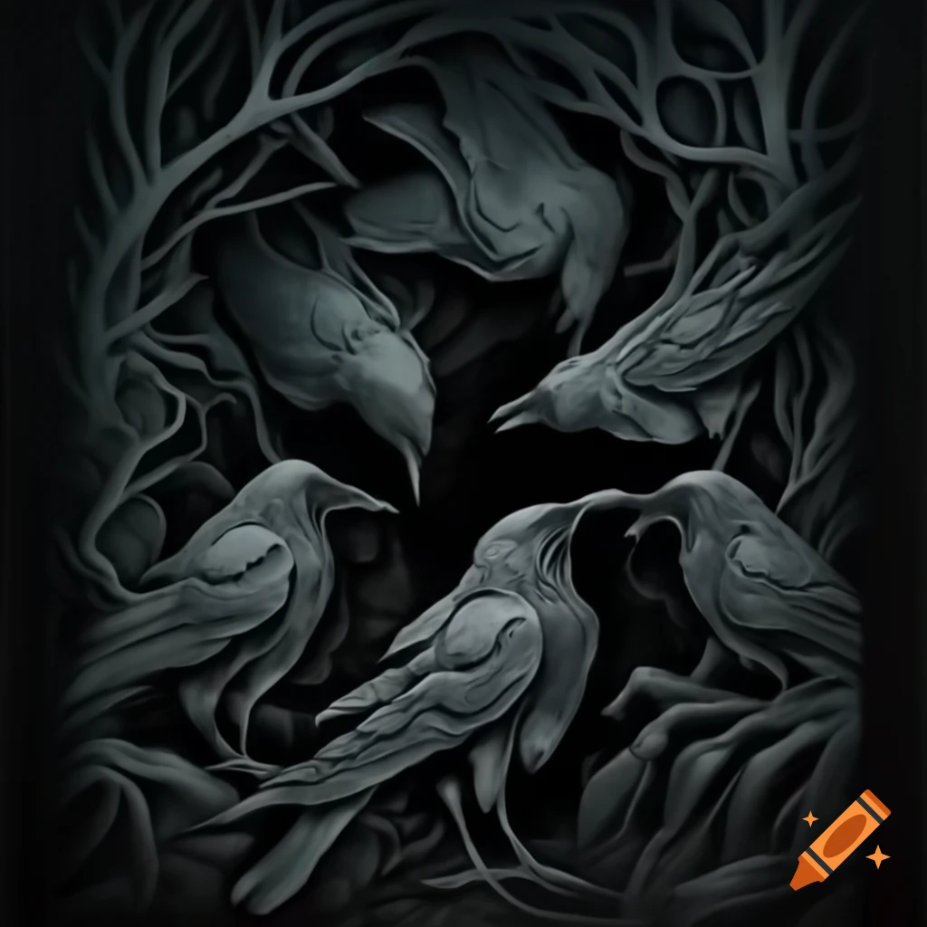 Eerie ink woodcutting of crows in dark forest, MC Escher style