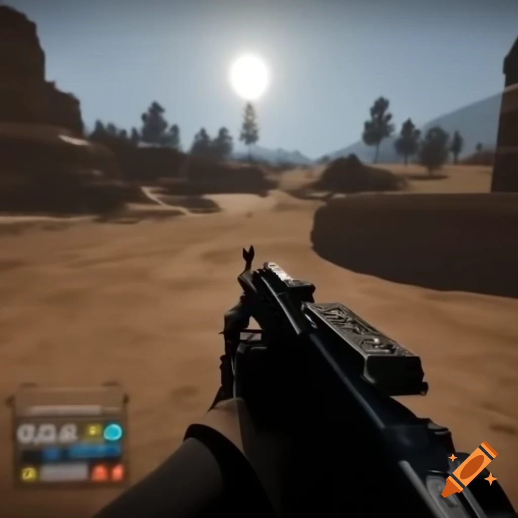 First-person view of player with tactical firearm at rugged outdoor training range