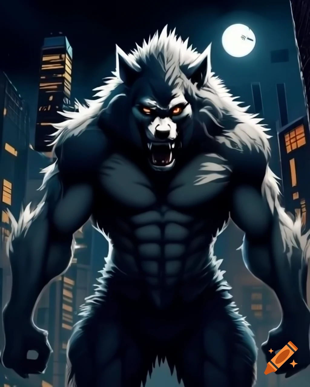 Werewolf transformation in city with moon backdrop