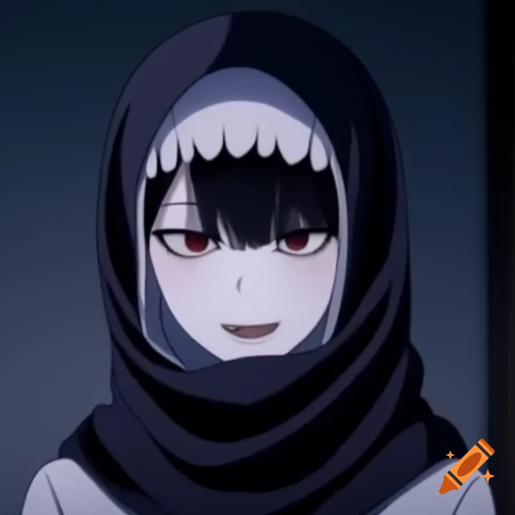 Anime character Tokyo Ghoul Touka wearing a hijab with a fierce expression