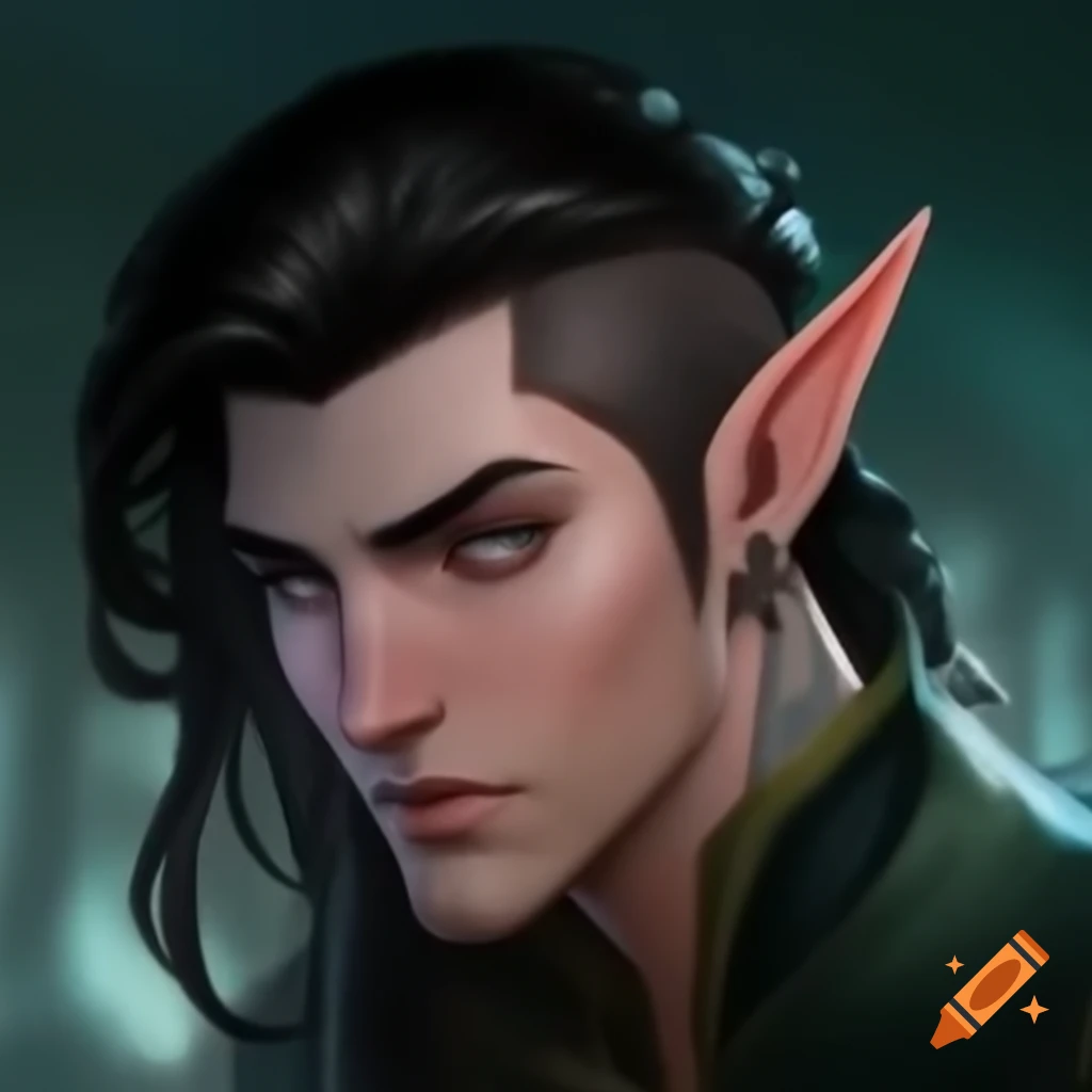 Young Medieval Man With Long Brown Hair And Elf Ears In Dark 