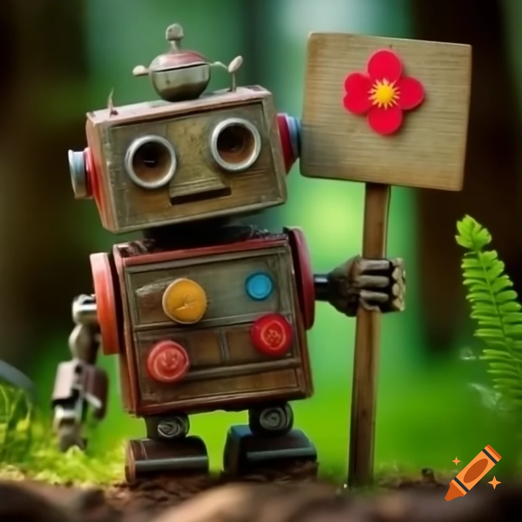 Old toy robot holding flower sign in detailed forest setting