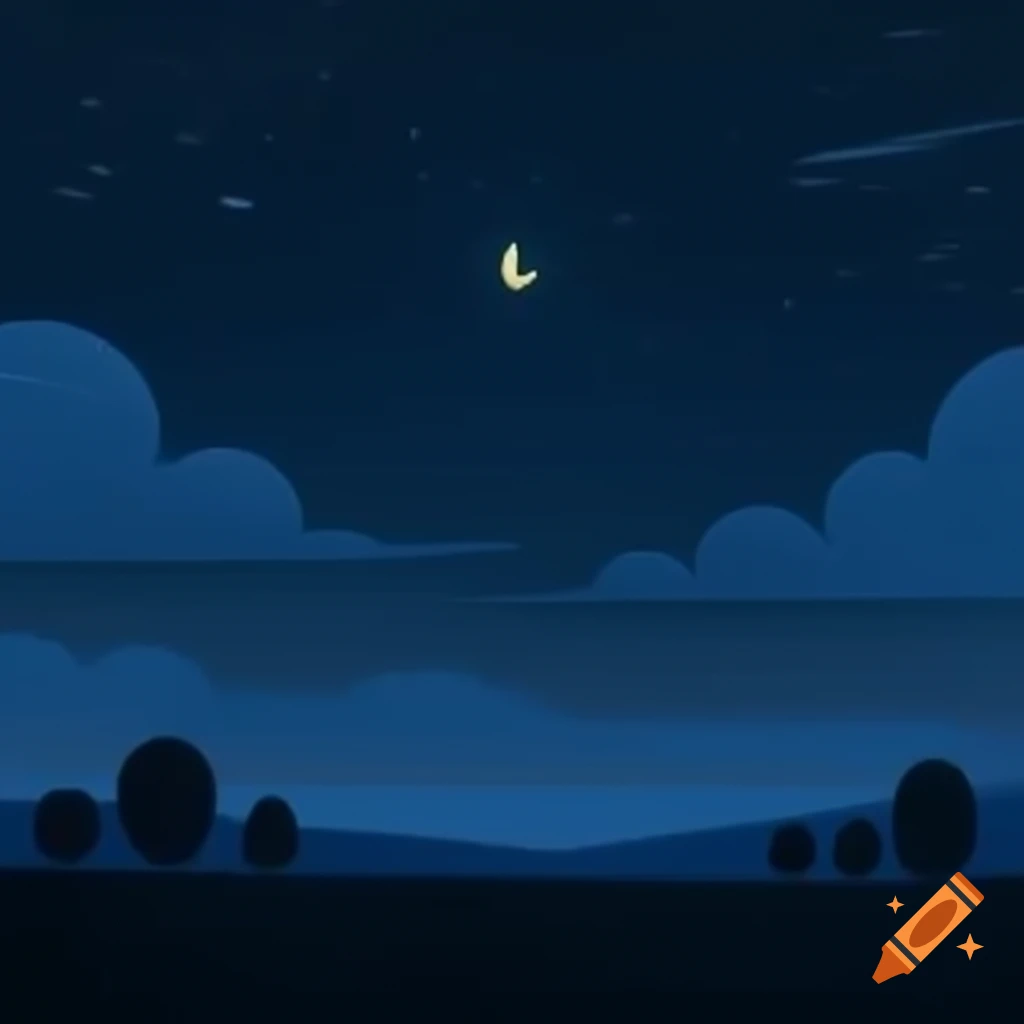 Flat design of night sky featuring moon and stars with landscape silhouette