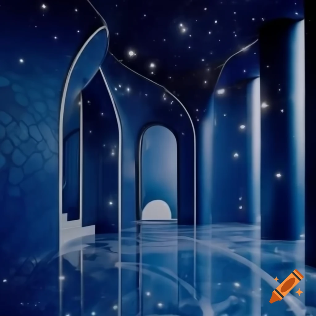 Surreal dark blue marble room with high ceilings and starry ceiling