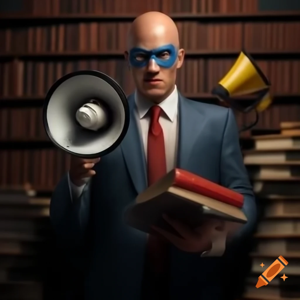 Bald superhero businessman with books and megaphone