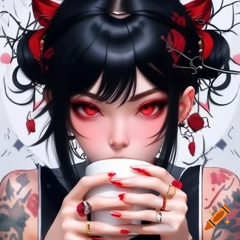 Anime girl with black hair and red eyes, thorned rose tattoos, and jewelry enjoying coffee
