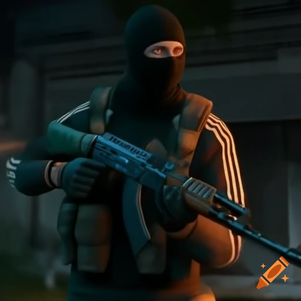 Bandit in tracksuit with AK-47 near ruined house in dim light