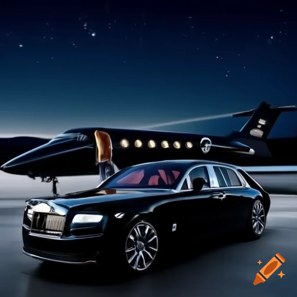 Black Rolls Royce in front of private jet at night with stars and mountains