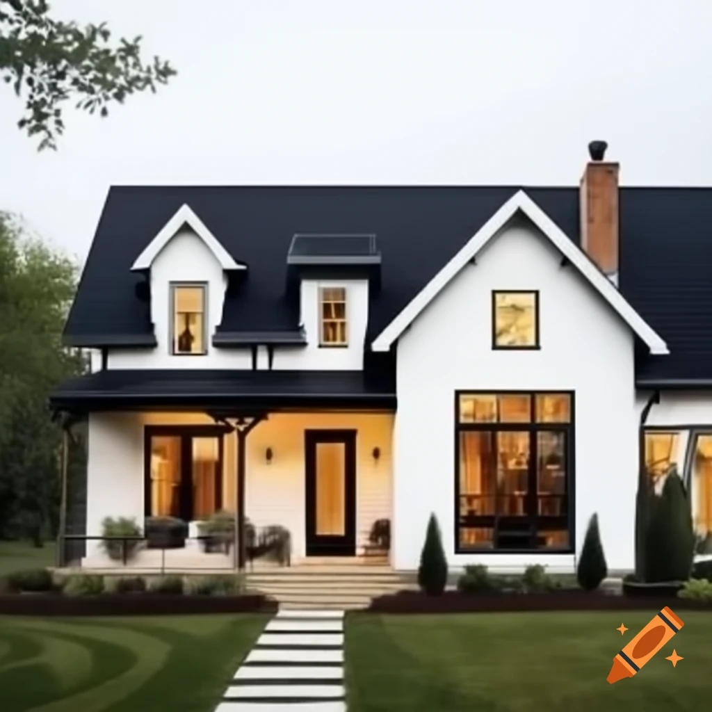 Modern white farmhouse with black windows and wraparound porch featuring cedar beams