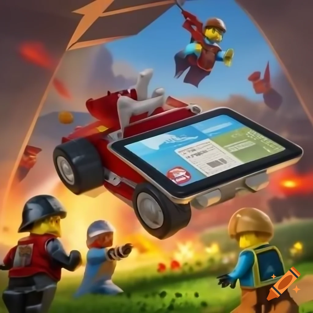 Tablet flying above firemen battling epic fire scene with LEGO-like soldiers and flowers