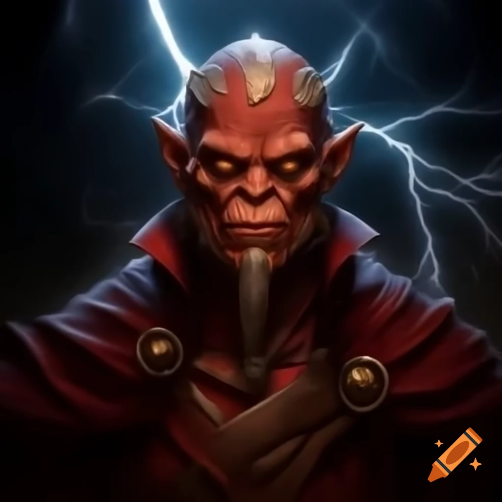 Tall red-skinned hobgoblin in common clothes with lightning in eyes