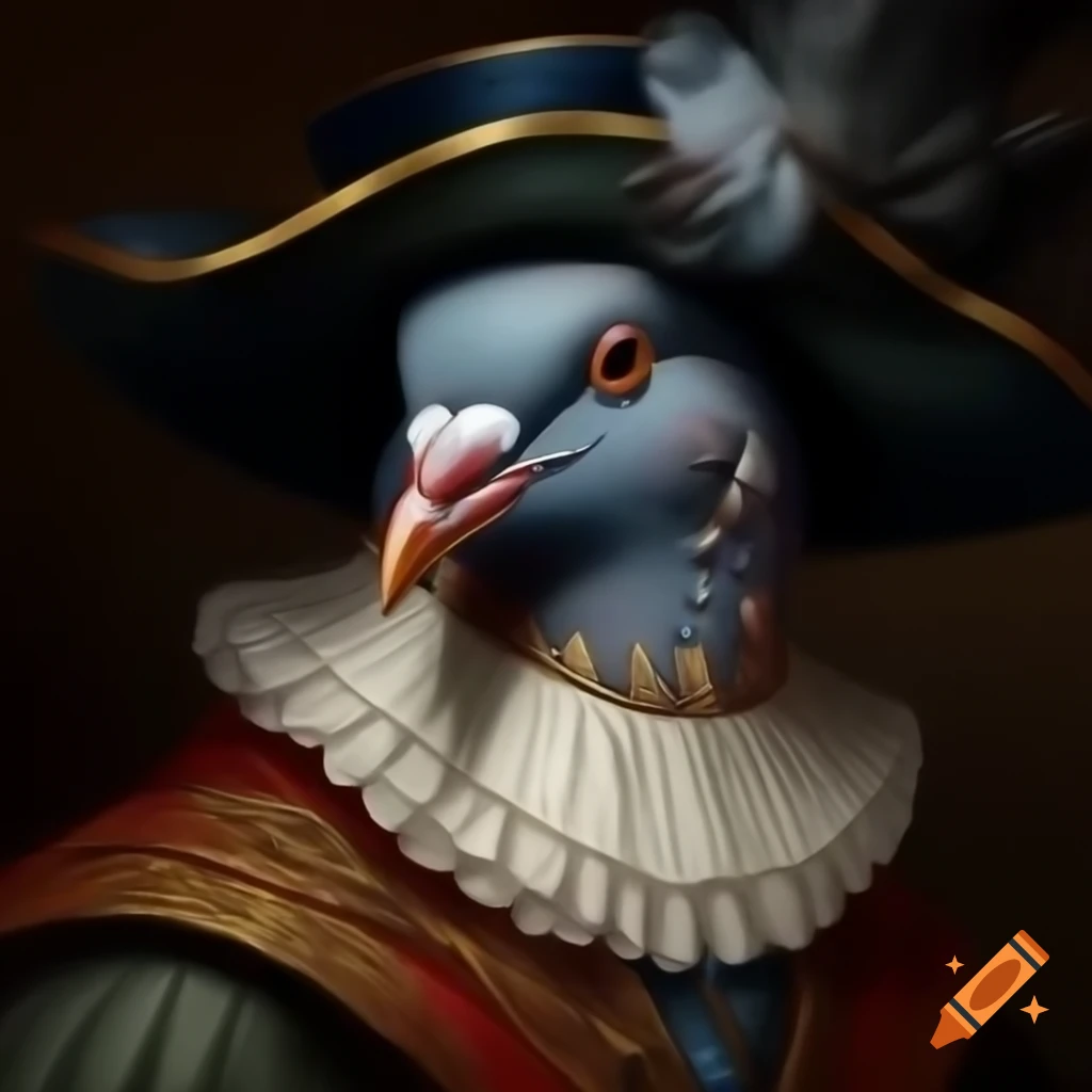 Oil painting of pigeon wearing 1700s clothing and Elizabethan collar