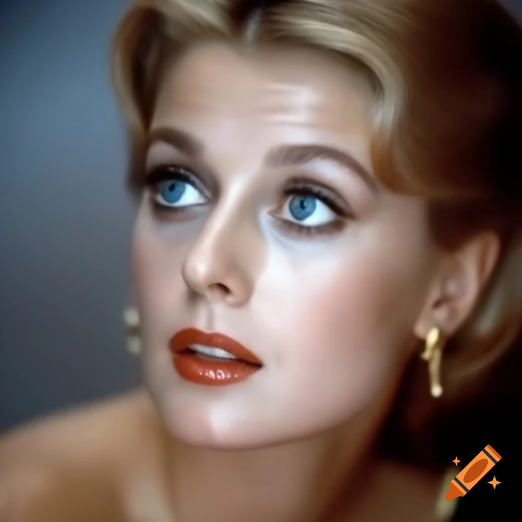 Hyper-realistic photograph of a charming European actress from 1963 with porcelain skin and wavy golden hair