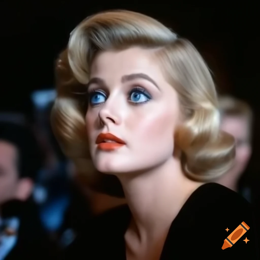 Hyper-realistic vintage photograph of a charming European actress from 1963 with porcelain skin and blue eyes