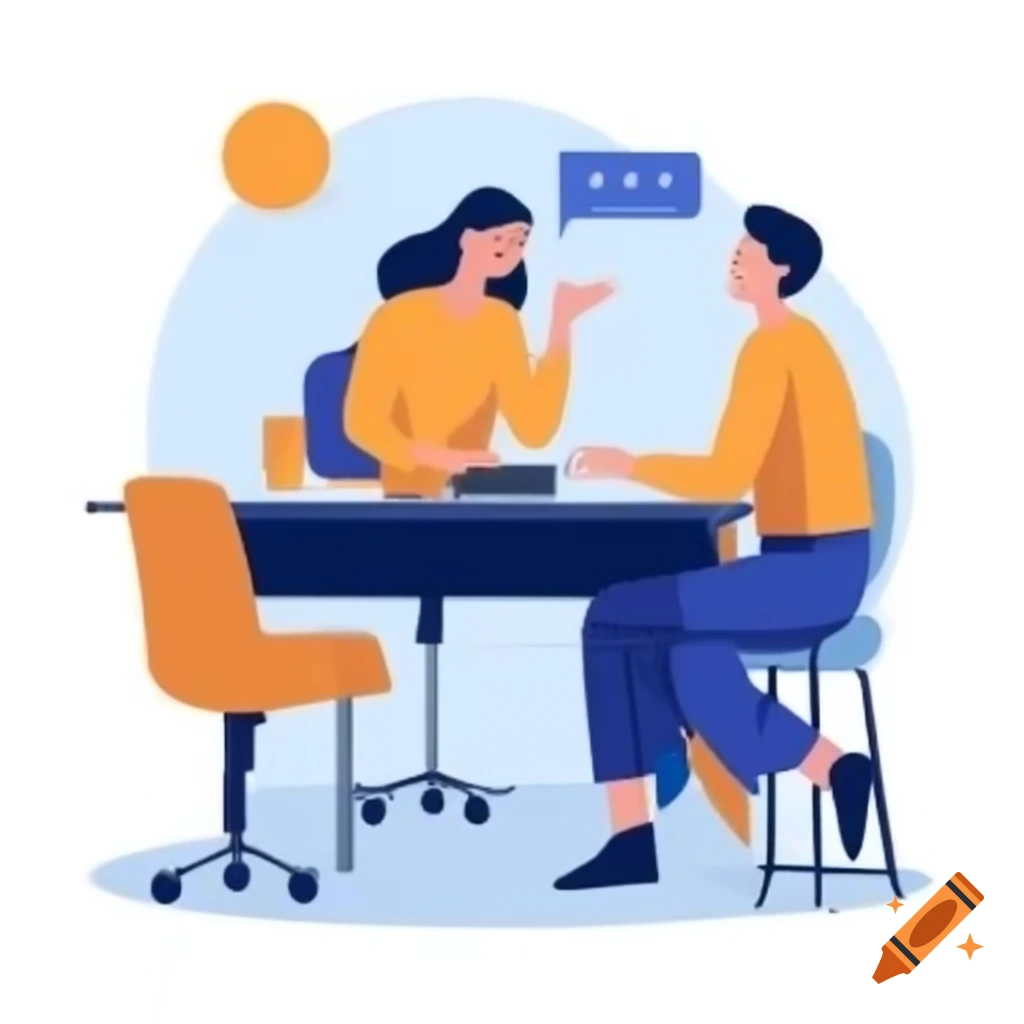 Female manager conversing with male team member at her desk, flat design