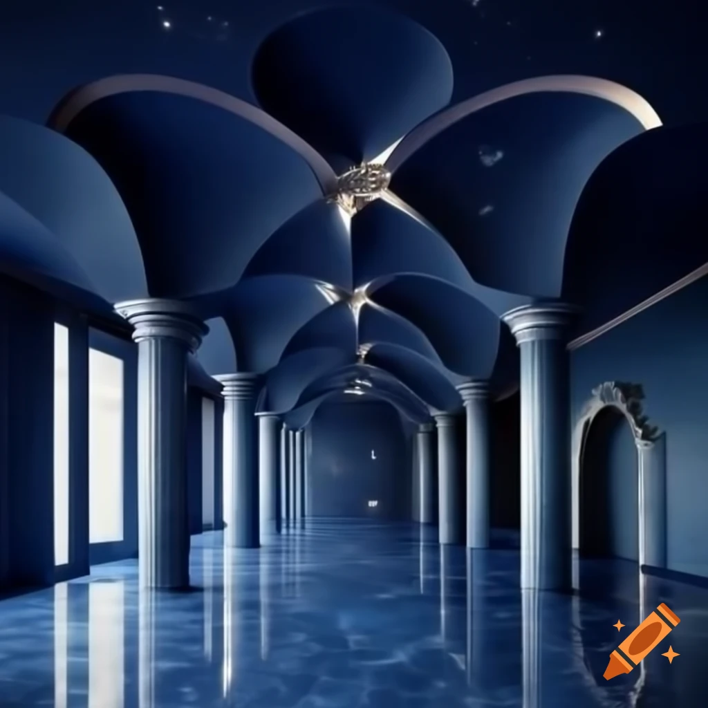 Surreal dark blue marble room with high ceilings and stars